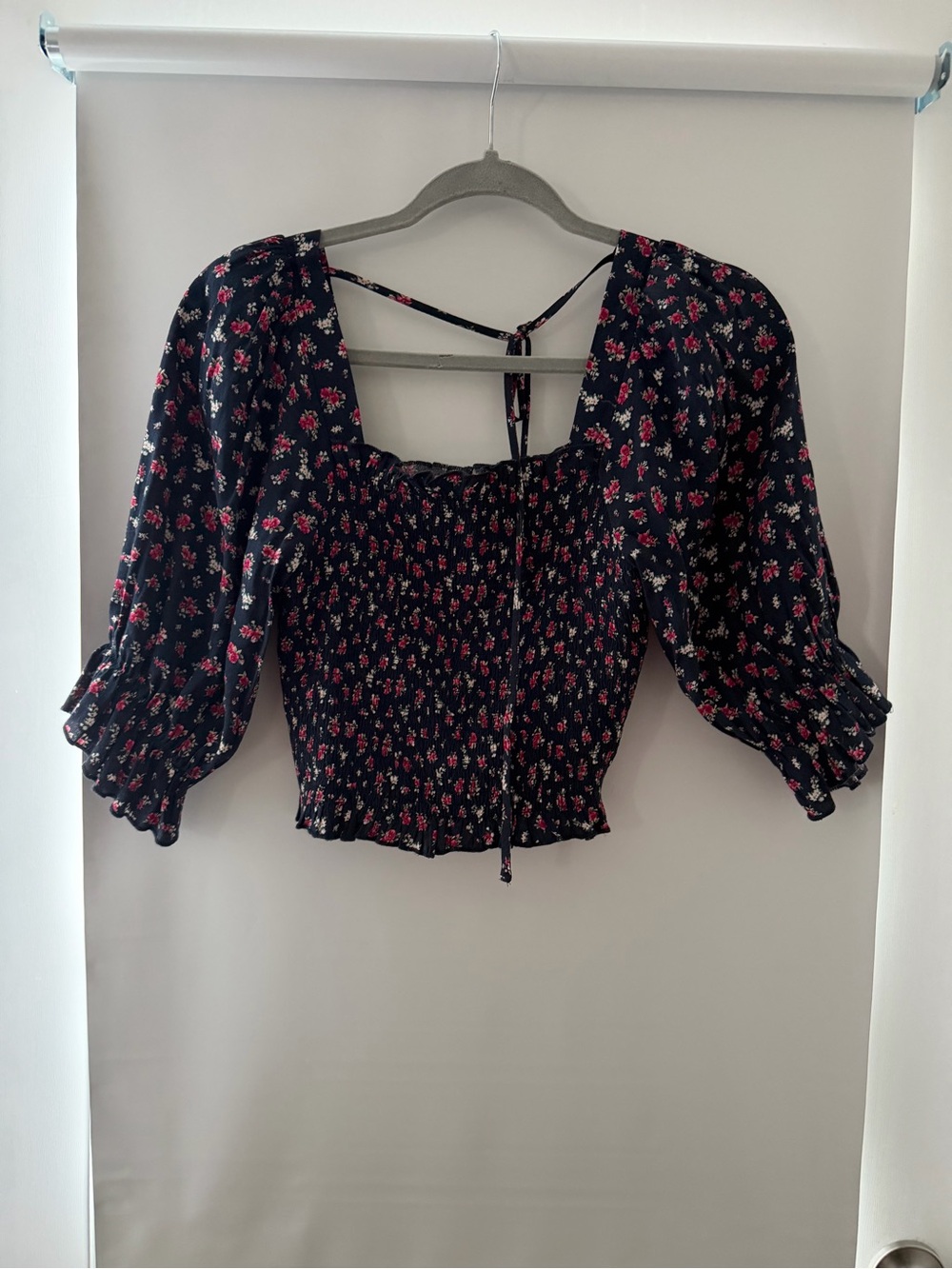 Smocked Floral Crop Top in Navy with Pink Print